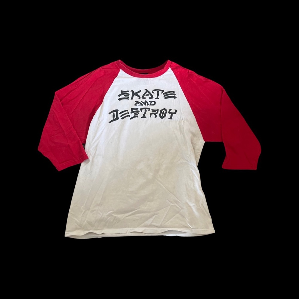 SKATE AND DESTROY red and white baseball half sleeve t-shirt. Thrasher